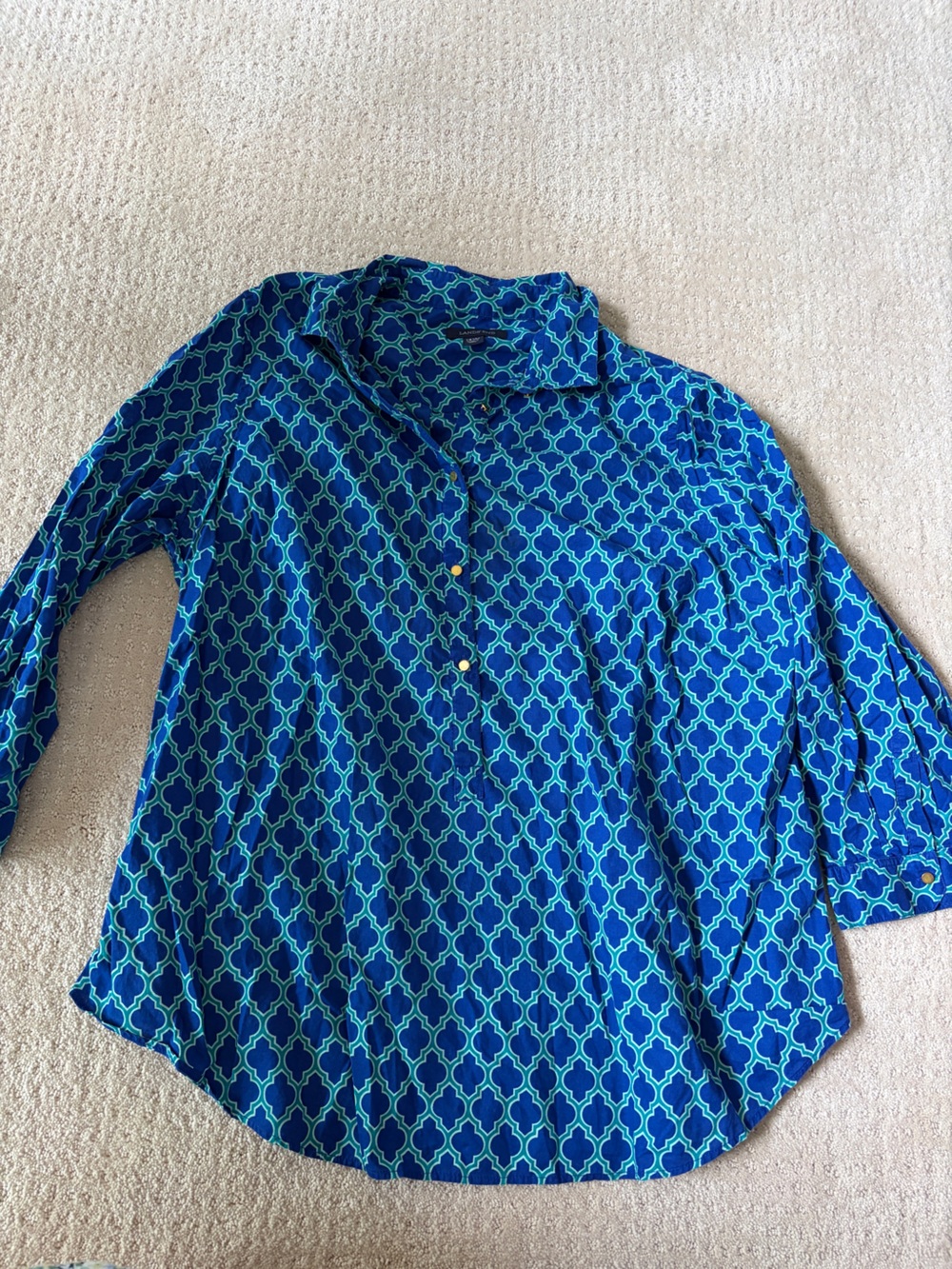 Lands End 14W Blue Geometric Print Top Gold Buttons